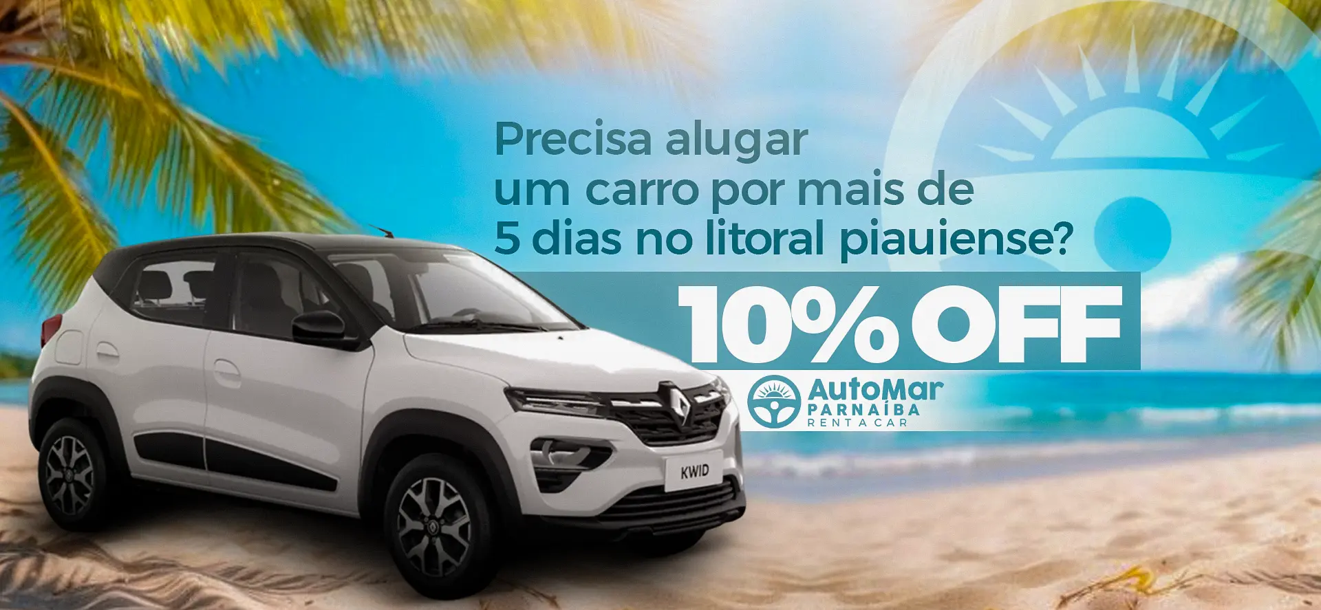 Imagem de um carro na praia exibindo a mensagem, precisa alugar um carro por mais de 5 dias no litoral piauiense? 10% OFF!