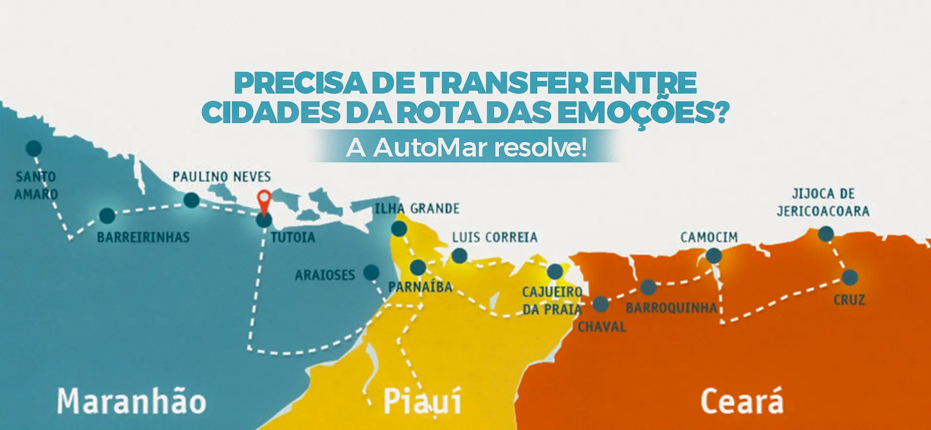Mapa com a rota das emoções exibindo a mensagem, precisa de transfer entre cidades da rota das emoções? A AutoMar resolve!